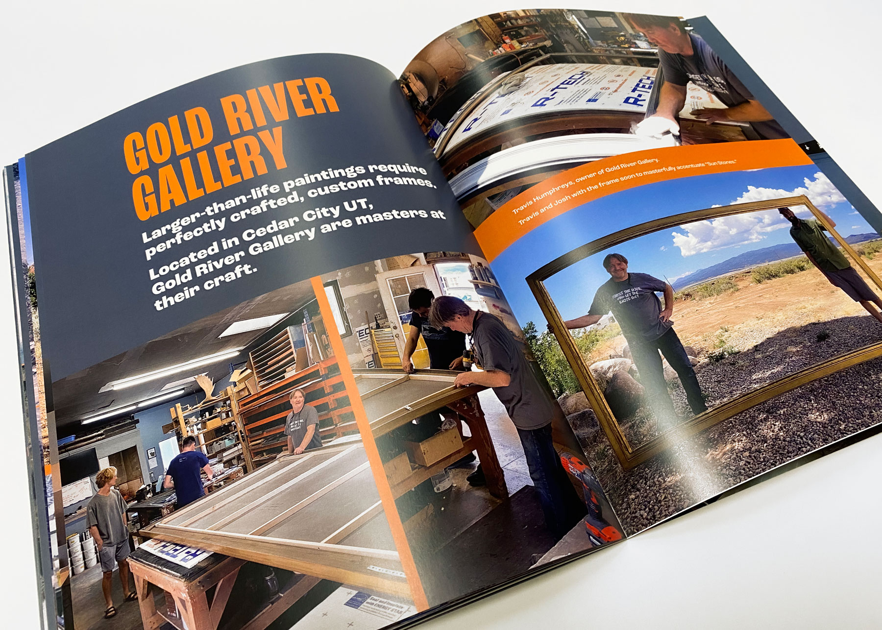 A spread about the framing process for the exhibition featuring Gold River Gallery.